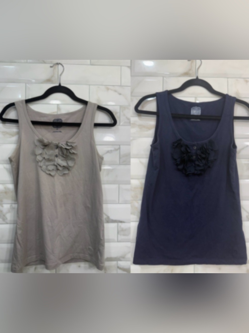 Tommy Hilfiger Sleeveless Ruffle Front Tanks - Gray & Navy